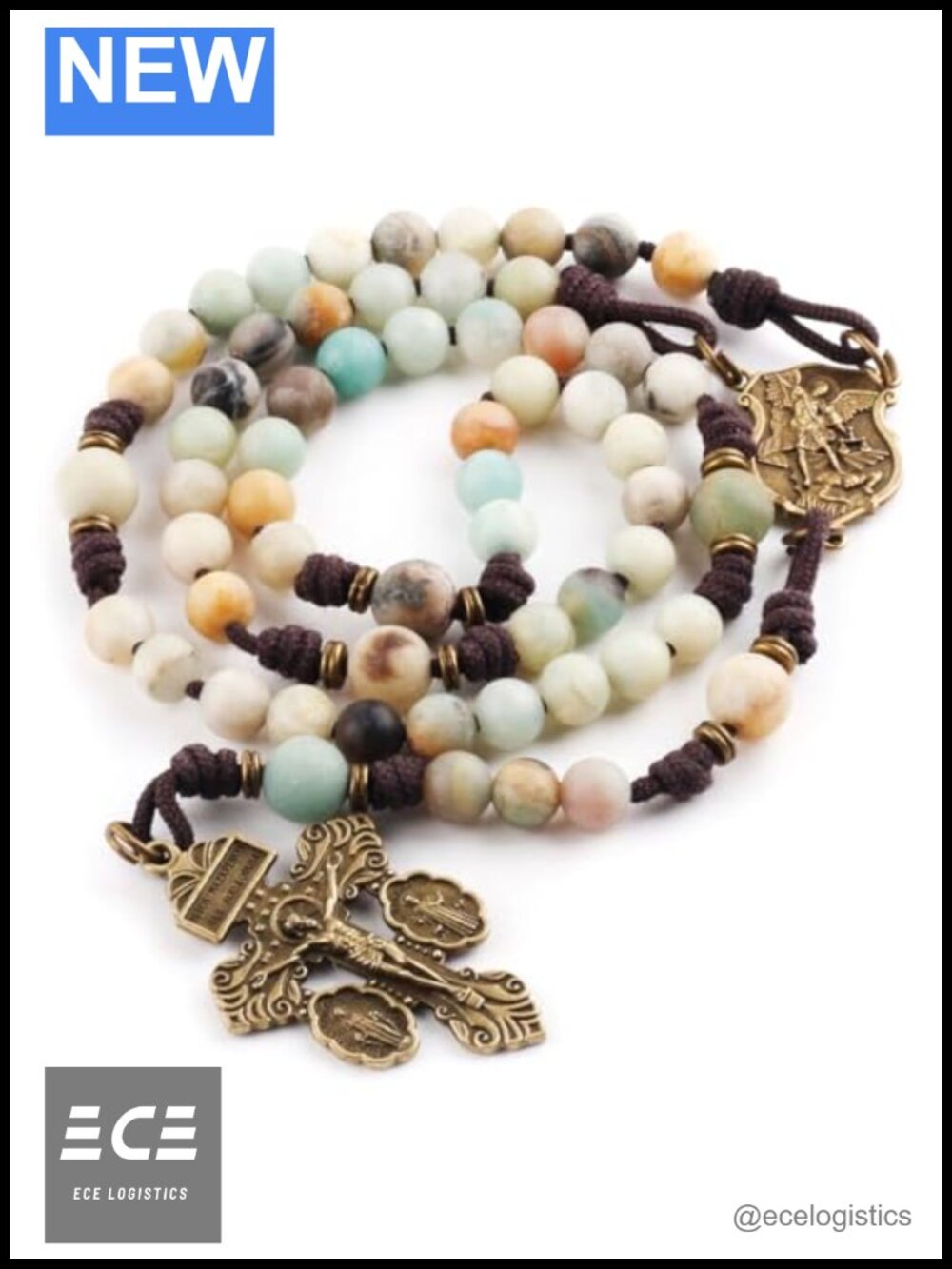 Amazonite Stone Paracord Rosary Antique Bronze Catholic Prayer Beads Necklace
